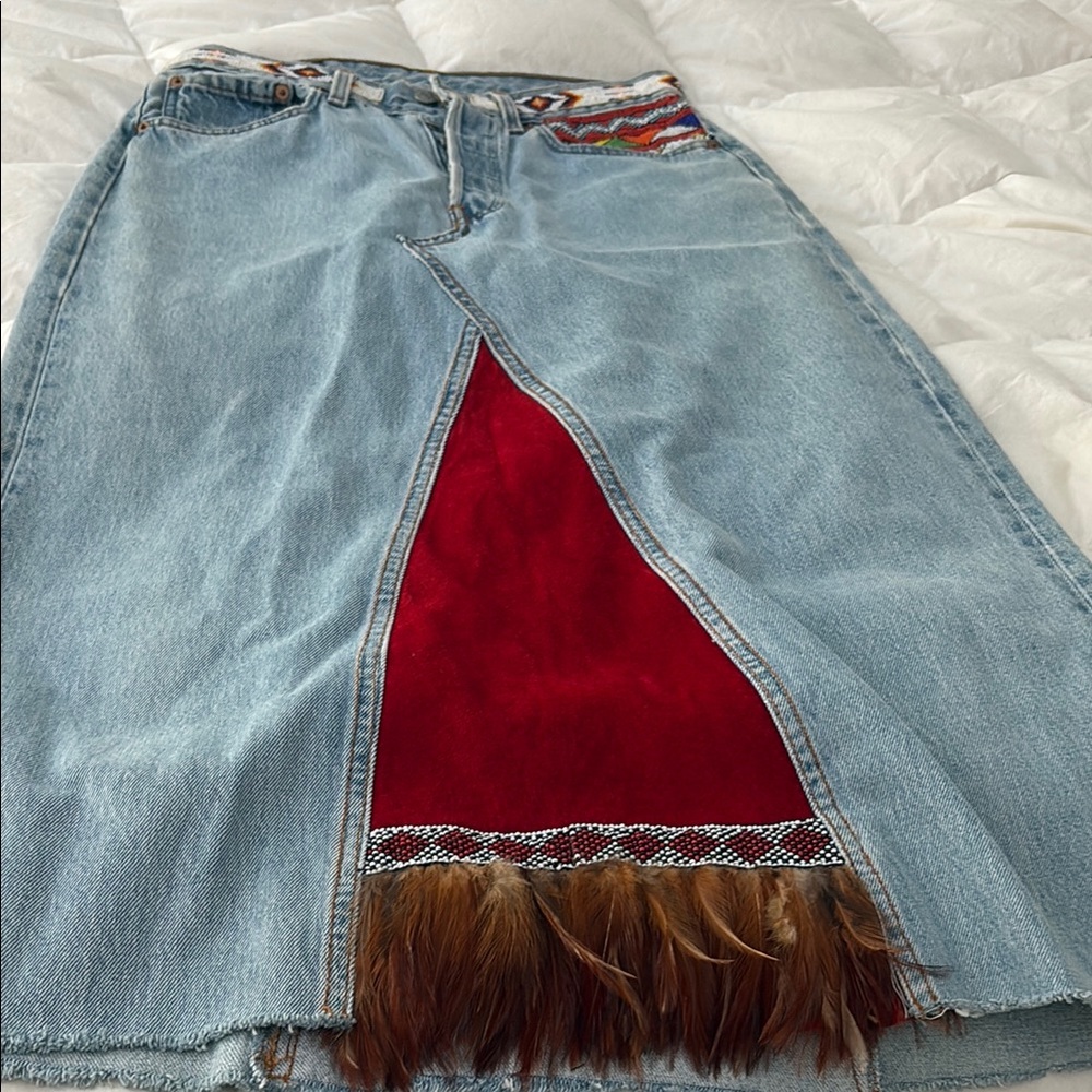 Denim Skirt with Red and Feather Accents